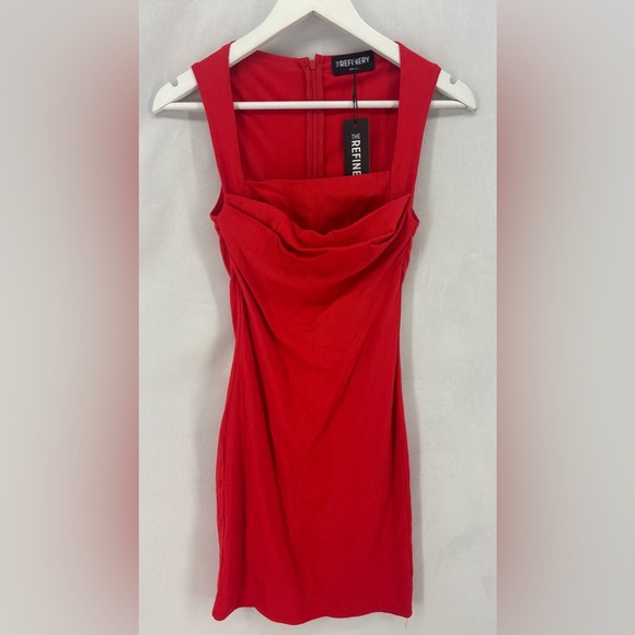 NWT Women’s Small red short mini dress square neckline fitted bodycon cowl neck - Picture 1 of 7